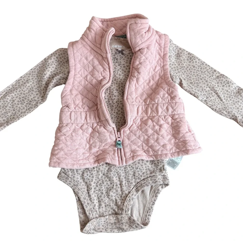 SALE Carter's Baby Girl Pink Quilted Vest‎ Leopard Print Bodysuit Set 9 Months